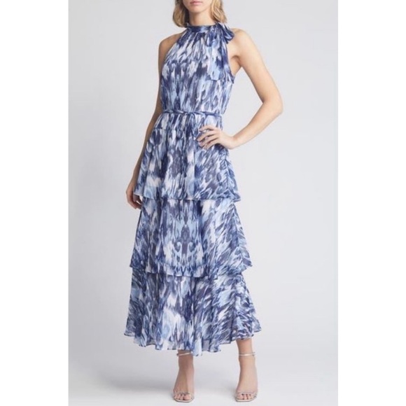 JULIA JORDAN Tiered Tie Neck Maxi Dress Size 8 Blue Multi - Picture 1 of 9